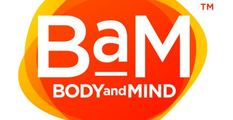 Logo with the text 'BaM BODY and MIND' in white over an orange and yellow abstract background