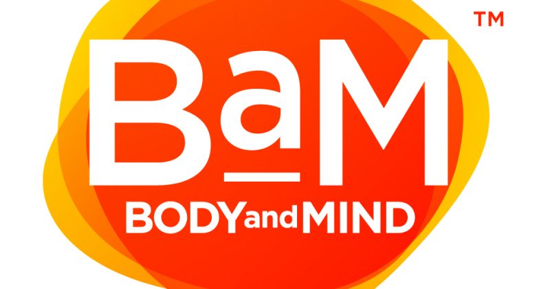 Logo with the text 'BaM BODY and MIND' in white over an orange and yellow abstract background