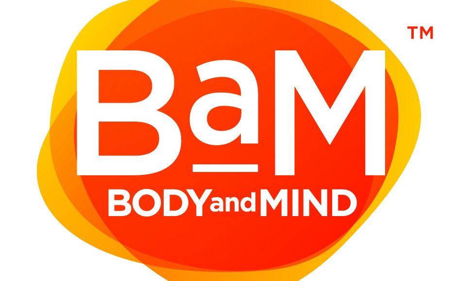Logo with the text 'BaM BODY and MIND' in white over an orange and yellow abstract background