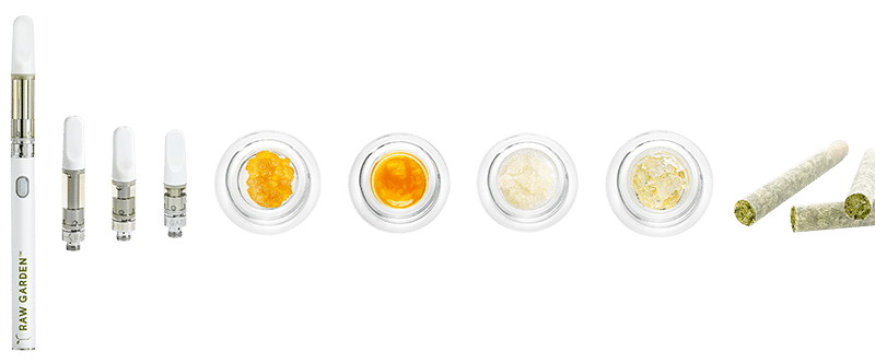 Various cannabis products including vape pen, cartridges, concentrates, and pre-rolled joints displayed in a row on a white background.