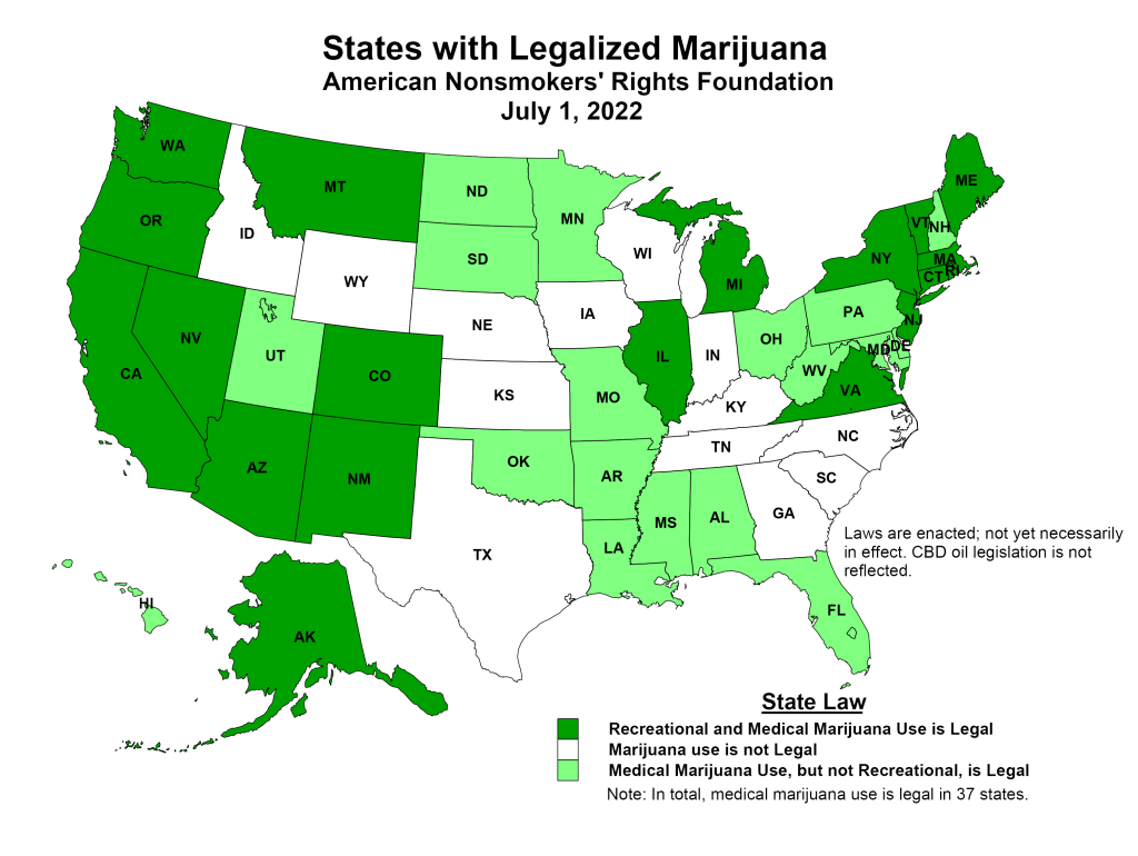 U.S. map showing states with legalized marijuana as of July 1, 2022, categorized by recreational and medical use.